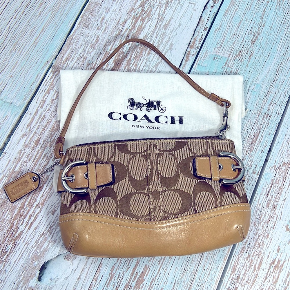 Coach Tan Brown Signature Canvas Leather Wristlet